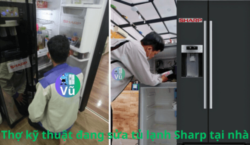 Thợ kỹ thuật đang sửa tủ lạnh Sharp tại nhà