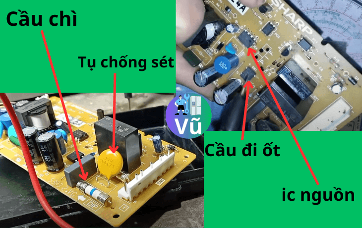 các linh kiện trong bảng mạch tủ lạnh sharp gây nên lỗi mất nguồn
