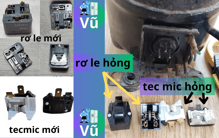 rơ le mới tec mic mới và rơ le hỏng, tecmic hỏng