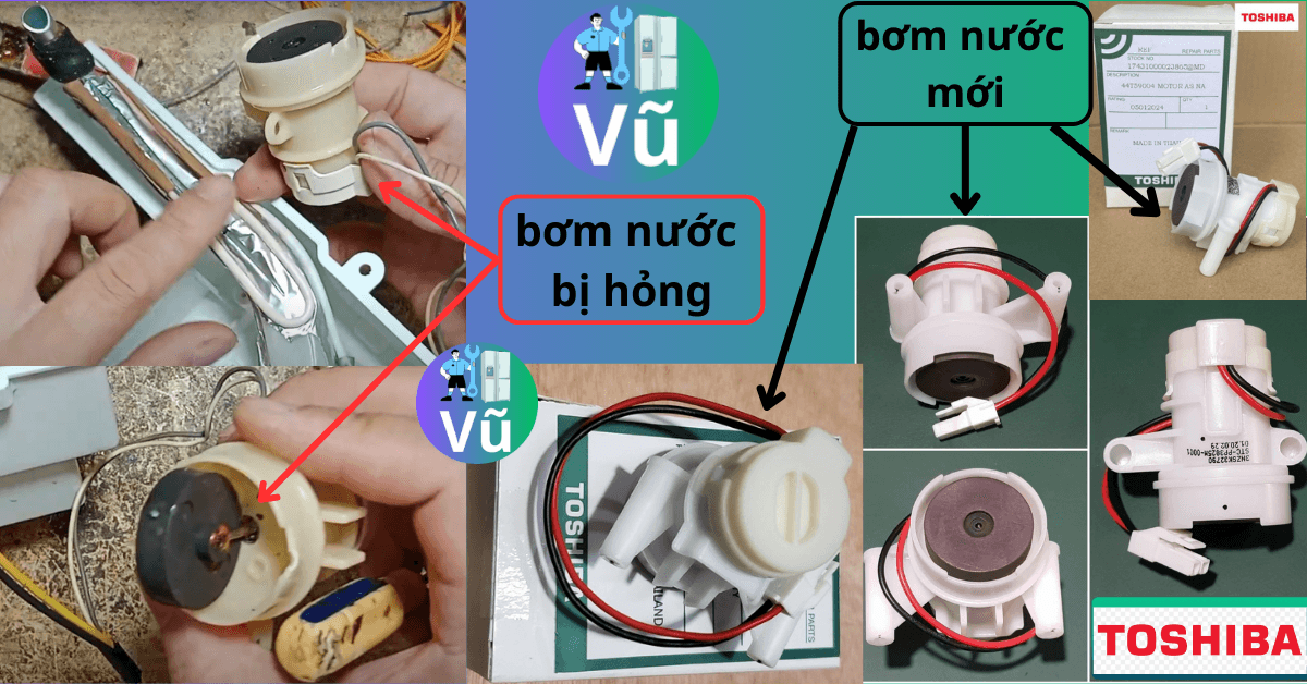 so sánh bơm nước mới và bơm nước bị hỏng của tủ lạnh toshiba